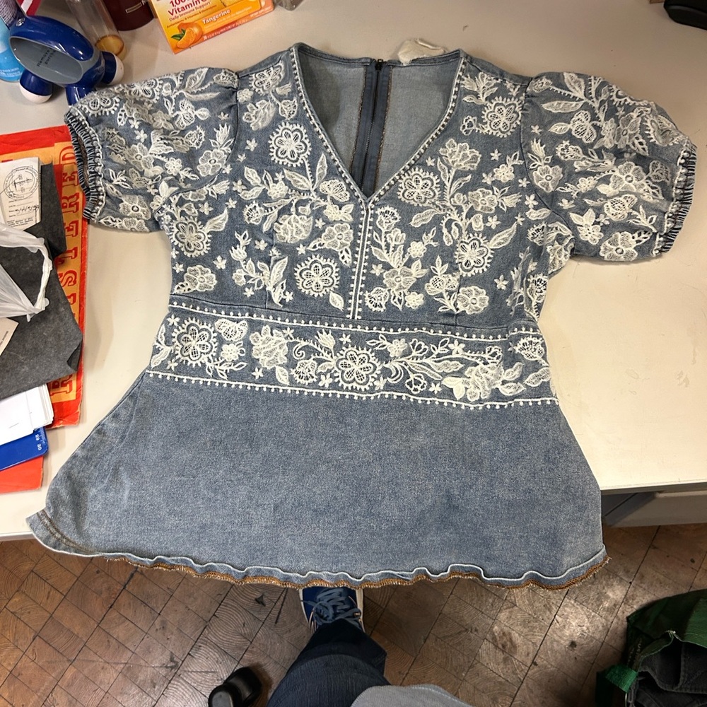 Savanna Jane Blue Denim Blouse with White Embroidery